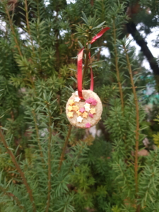 Plätzchen mit einer Schnur hängt in einem Baum