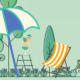 Die Zeichnung zeigt einen Sonnen-Schirm, ein Cocktail-Glas, einen Liege-Stuhl und einen Wasser-Ball in einem Garten.