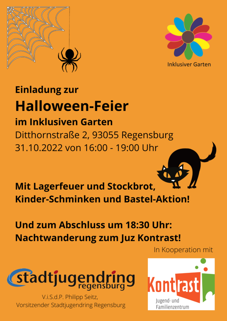 Das Bild zeigt die hintere Seite des Flyers mit Einladungstext. Außerdem sind darauf die Logos des Inklusiven Garten, des Stadtjugendring und des Kontrast zusammen mit Halloween-Symbolen.