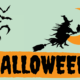 Die Zeichnung zeigt Fleder-Mäuse und eine Hexe auf einem Besen vor einem Mond. Darunter steht Halloween.