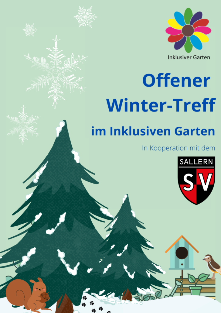 Zeichnung eines Gartens im Winter mit mit Ankündigungs-Text für den Offenen Winter-Treff und dem Logo des SV Sallern und des Inklusiven Gartens.