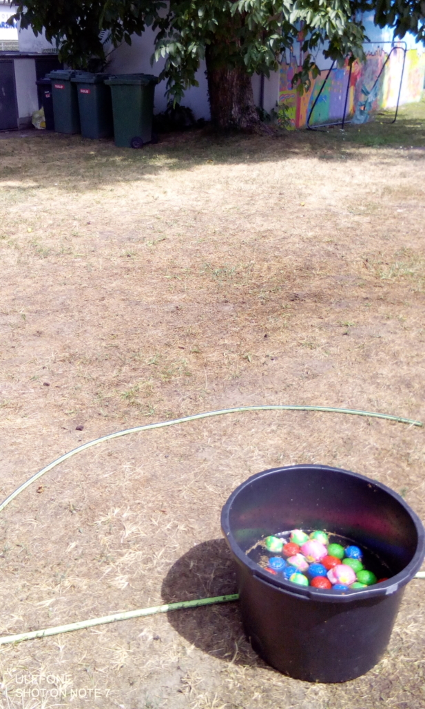Foto unserer Wiese mit Botttich im Vordergrund. Der Bottich ist mit Wasser gefüllt. Darin schwimmen Schaumstoff-Bälle für eine Wasserschlacht. (Foto: Katharina Gebel)