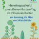 Das Bild zeigt die Zeichnung eines Gartens. Darüber ist ein Schriftzug mit den Worten "Hereinspaziert! zum offenen Garten-Tag im Inklusiven Garten am Samstag, 25. März von 14 bis 16 Uhr".