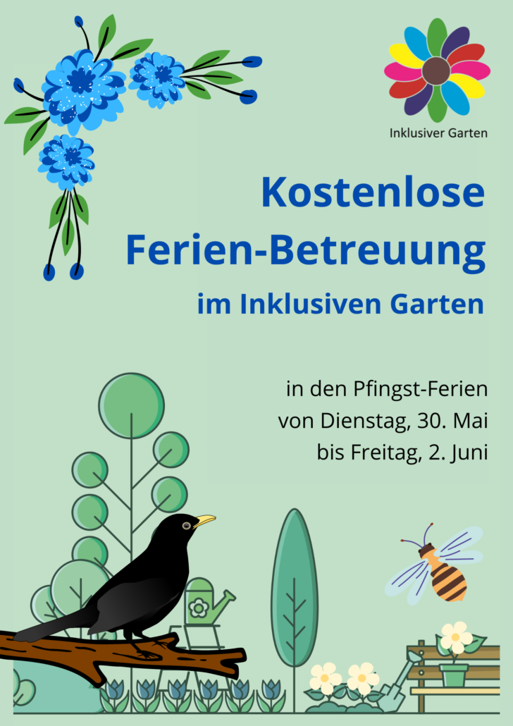 Das Bild zeigt die Vorderseite des Flyers für die Pfingst-Ferien-Betreuung. Darauf steht das Datum. Außenrum sind kleine Bilder: Blumen, eine Amsel und eine Biene.