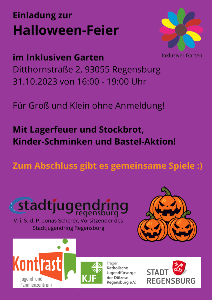 Das Bild zeigt die Rückseite unseres Halloween-Flyers mit Einladungstext und den Logos vom Inklusiven Garten und Jugend- und Familienzentrum Kontrast.