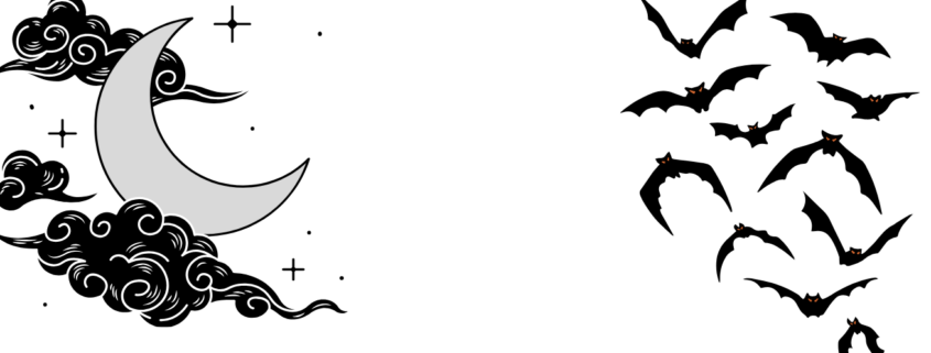 Die Zeichnung zeigt einen Mond mit Wolken links und vielen kleinen Fledermäusen rechts.