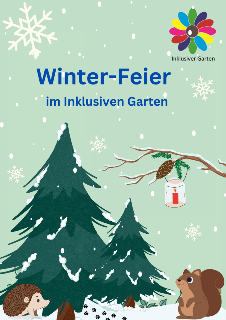 Die Zeichnung zeigt die Vorderseite des Flyers für die Winter-Feier. Auf dem Bild sieht man einen Igel und ein Eichhörnchen in einem Garten mit Schnee und Tannenbäumen.