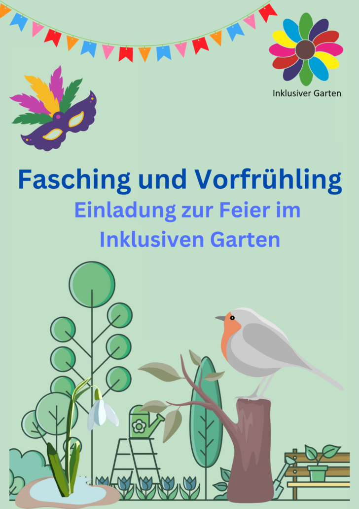 Die Zeichnung zeigt die Vorderseite des Einladungs-Flyers mit Rotkehlchen, Schneeglöckchen und Faschings-Maske.