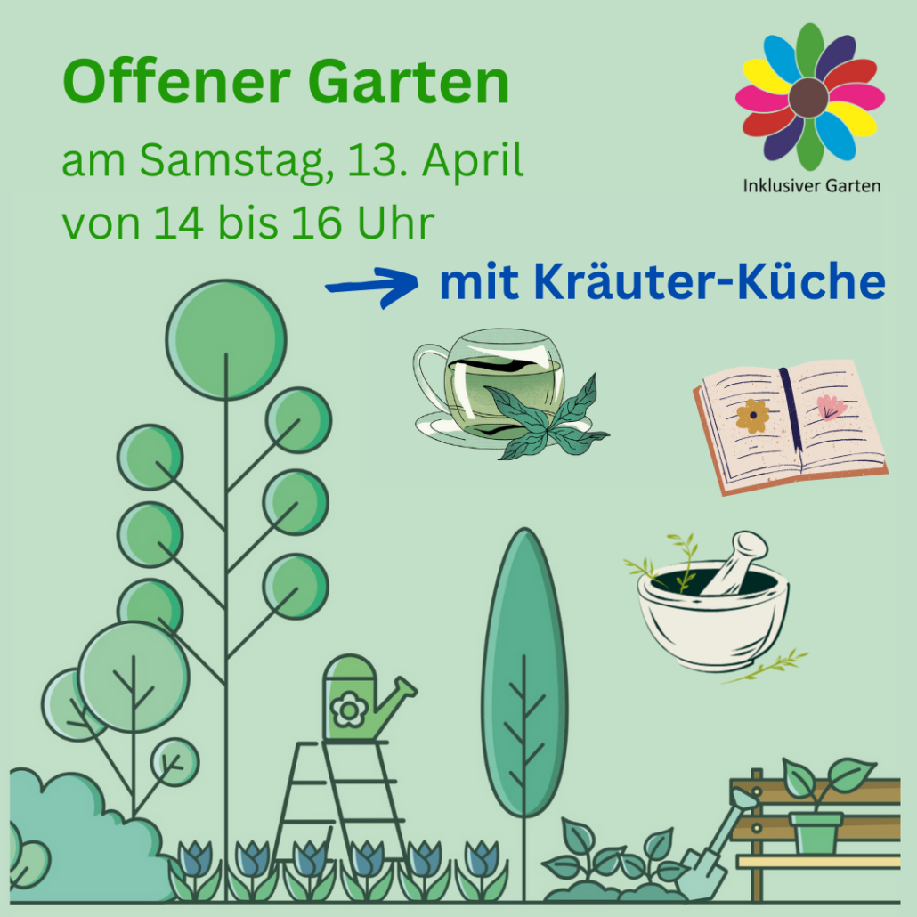 Das Bild zeigt eine einfache Zeichnung eines Gartens. Darauf sind eine Kräutertee-Tasse, ein Kochbuch und ein Mörser. Darüber steht "Offener Garten am Samstag, 13. April von 14 bis 16 Uhr mit Kräuterküche". (Bild: Stadtjugendring Regensburg)